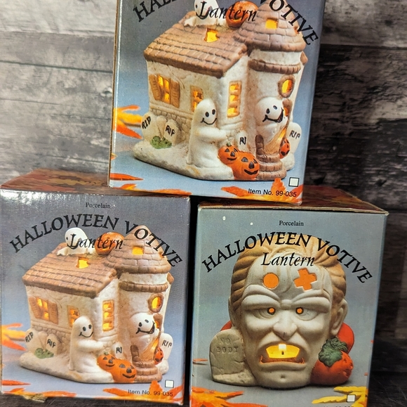 3 Small Porcelain Halloween Votive Holders - Picture 2 of 3